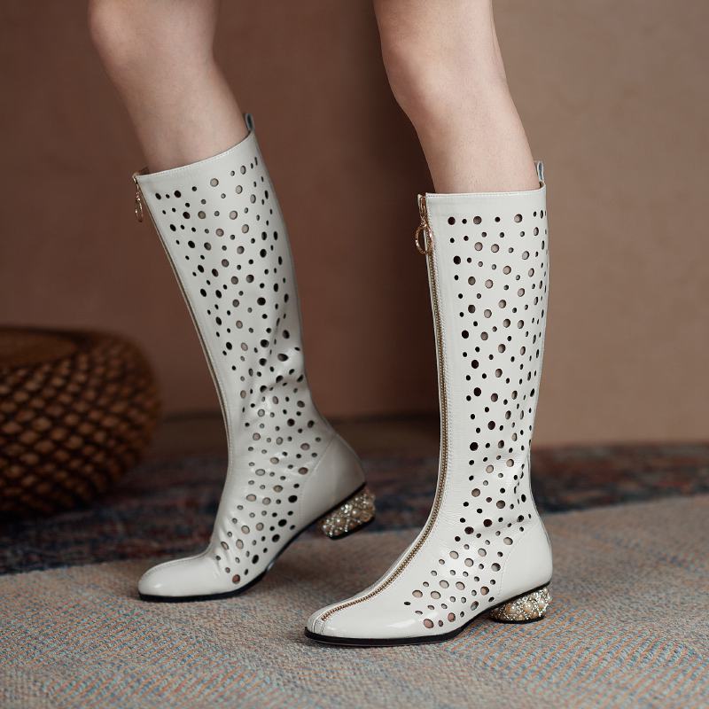 Krazing Pot – bottes d'été à bout rond en microfibre, décorations creuses à la mode, bottes d'été, cuissardes hautes