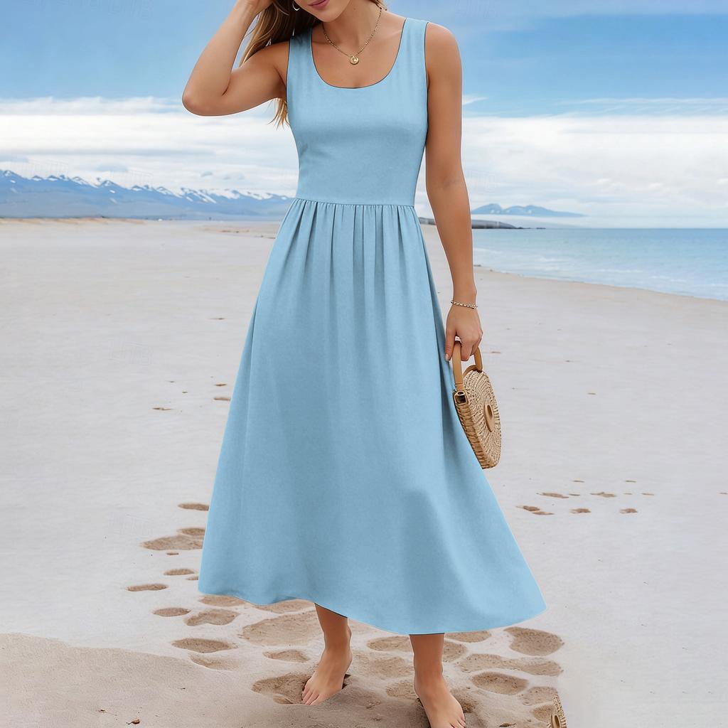 Ärmelloses Langes Freizeitkleid für Damen Sommer Einfarbig Einfach Entspannte Passform Maxikleid für den Alltag Urlaub Büro