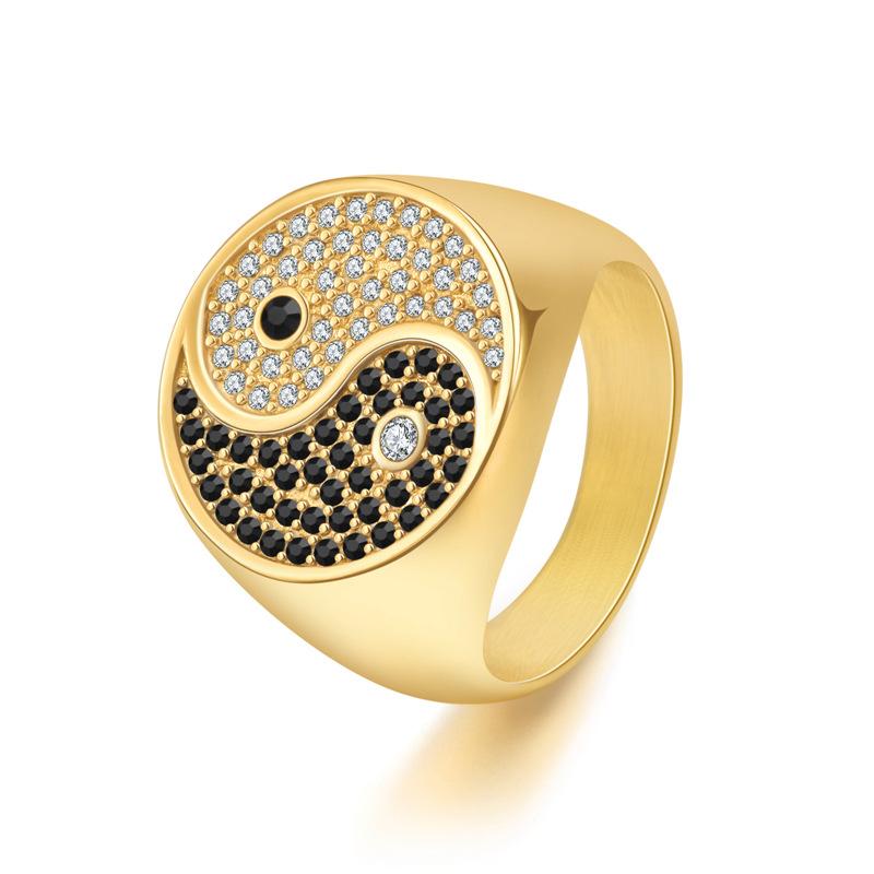 

HIP Hop Bling Iced Out Gold Color Solid Stainless Steel Yin Yang Tai Ji Taichi Round Finger Rings for Men Rapper Jewelry 10 золотой