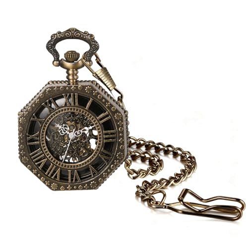 Antique Mechanical Pocket Watch with Hand-Wound Skeleton: Octagonal Roman Analogue Pocket Watch with Retro Pendant and Brown Chain - Perfect Gift for