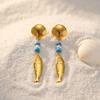 Stainless Steel Fish Drop Earrings for Women Gold Color Shell Turquoise Pearl Vintage Ocean Beach Jewelry Waterproof