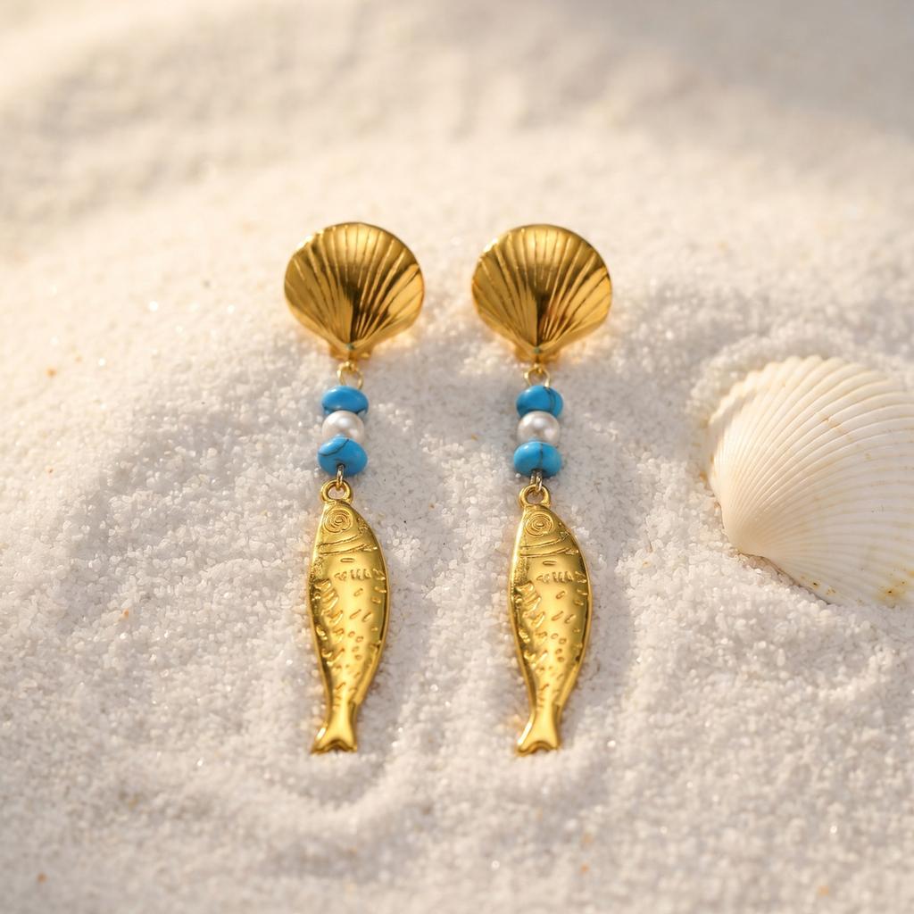 Stainless Steel Fish Drop Earrings for Women Gold Color Shell Turquoise Pearl Vintage Ocean Beach Jewelry Waterproof