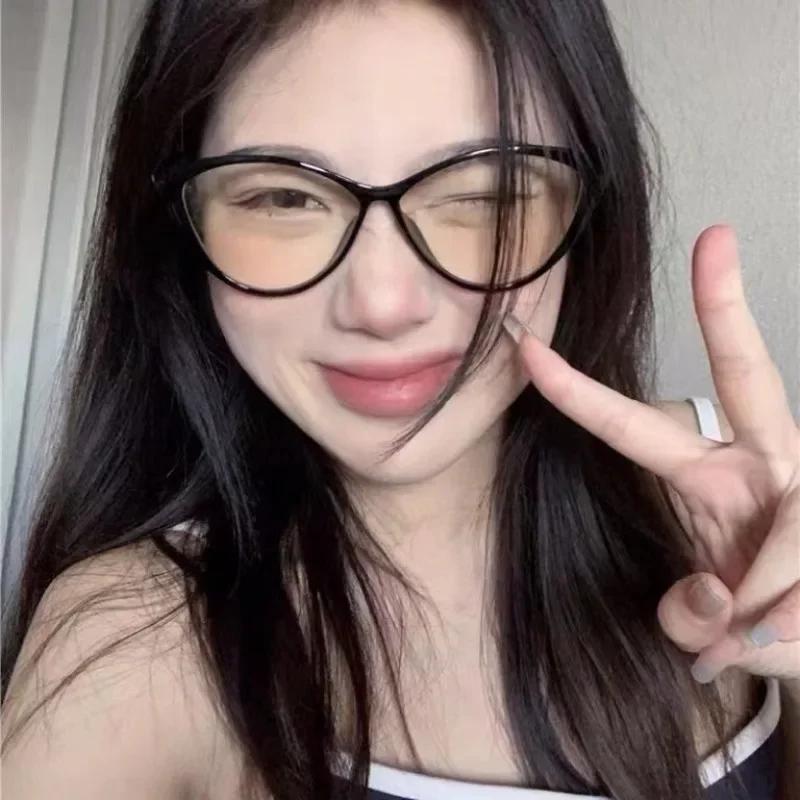 0 To -400 Women'S  Retro Cat Eye Myopia Glasses Polygonal Eyeglass Frame Plain Colored Glasses Frame Anti Blue Light
