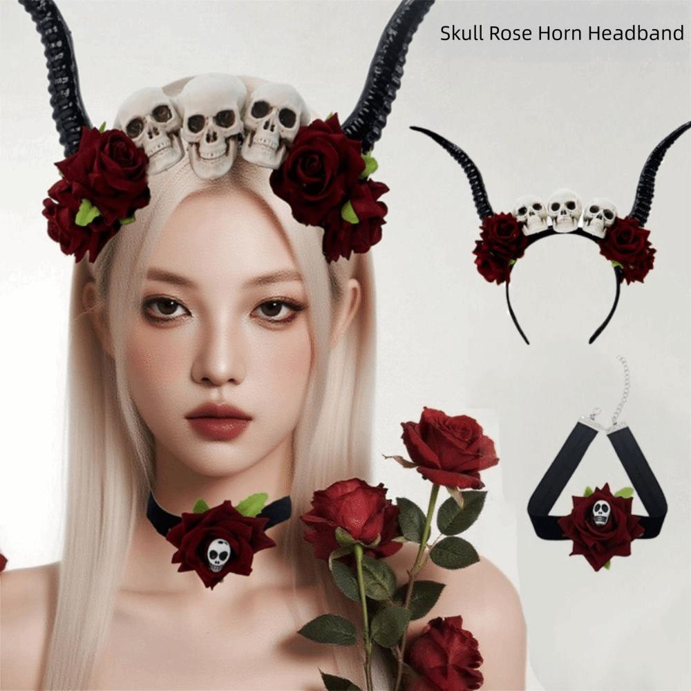 Skull Sheep Horn Hairband Halloween Red Rose Headband Flower Crown Ox Horns Headband  Festival Wear