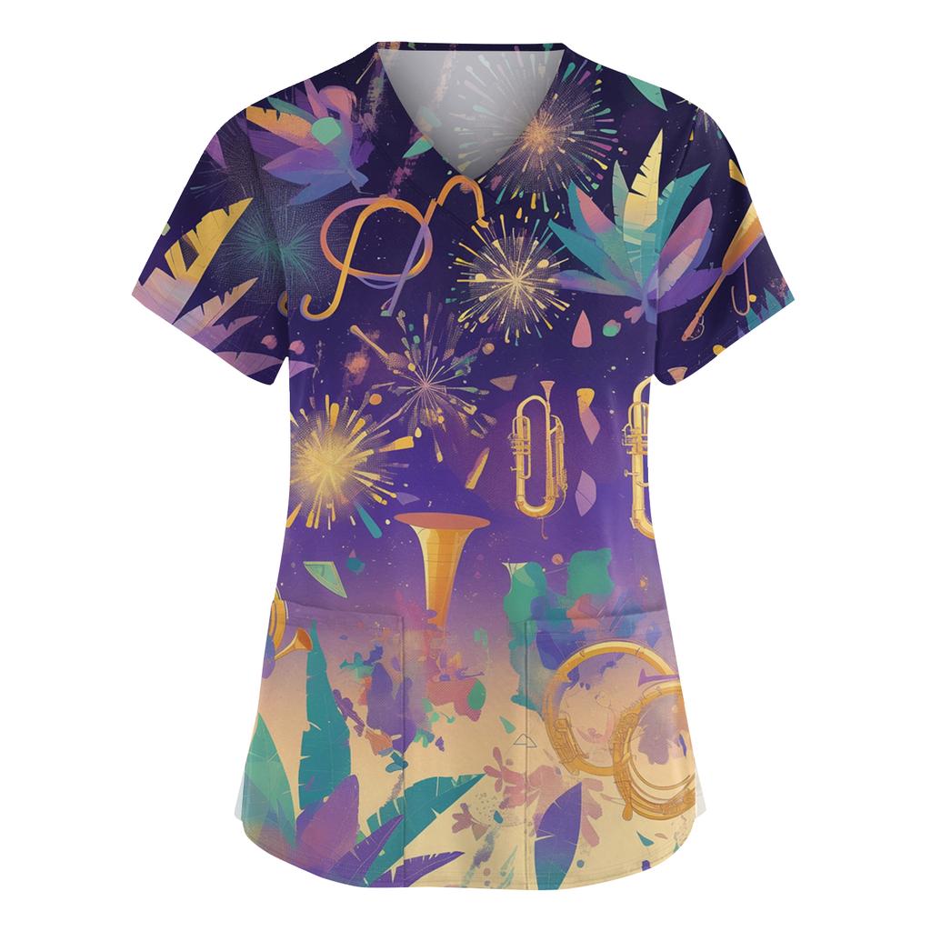 Women's Fashionable V-neck Workwear Printed Short Sleeved Pocket Side Slit Workwear Basic Pullover Top