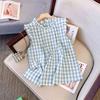 Stylish Korean Flying Sleeve Blouse Female Clothing Blue Plaid Summer Basic Folds Hotsweet Sleeveless Edible Tree Fungus Shirt