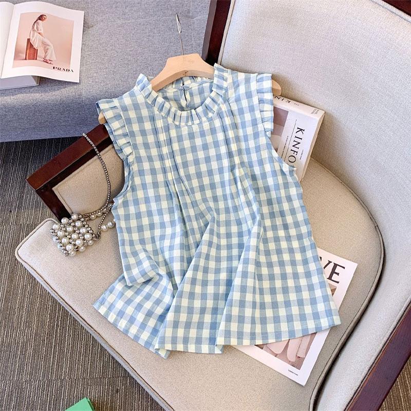 

Stylish Korean Flying Sleeve Blouse Female Clothing Blue Plaid Summer Basic Folds Hotsweet Sleeveless Edible Tree Fungus Shirt M синий