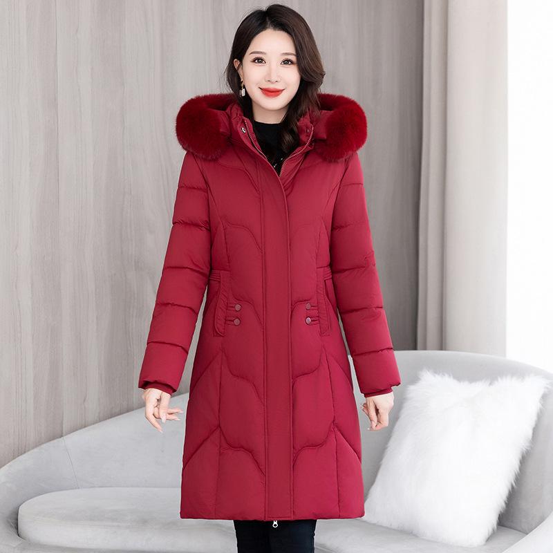 

Женское зимнее пуховое хлопковое пальто 2025 года средней длины, корейского кроя, с поясом, толстая хлопковая куртка, новый стиль, хлопковое пальто с большим меховым воротником 7XL красный