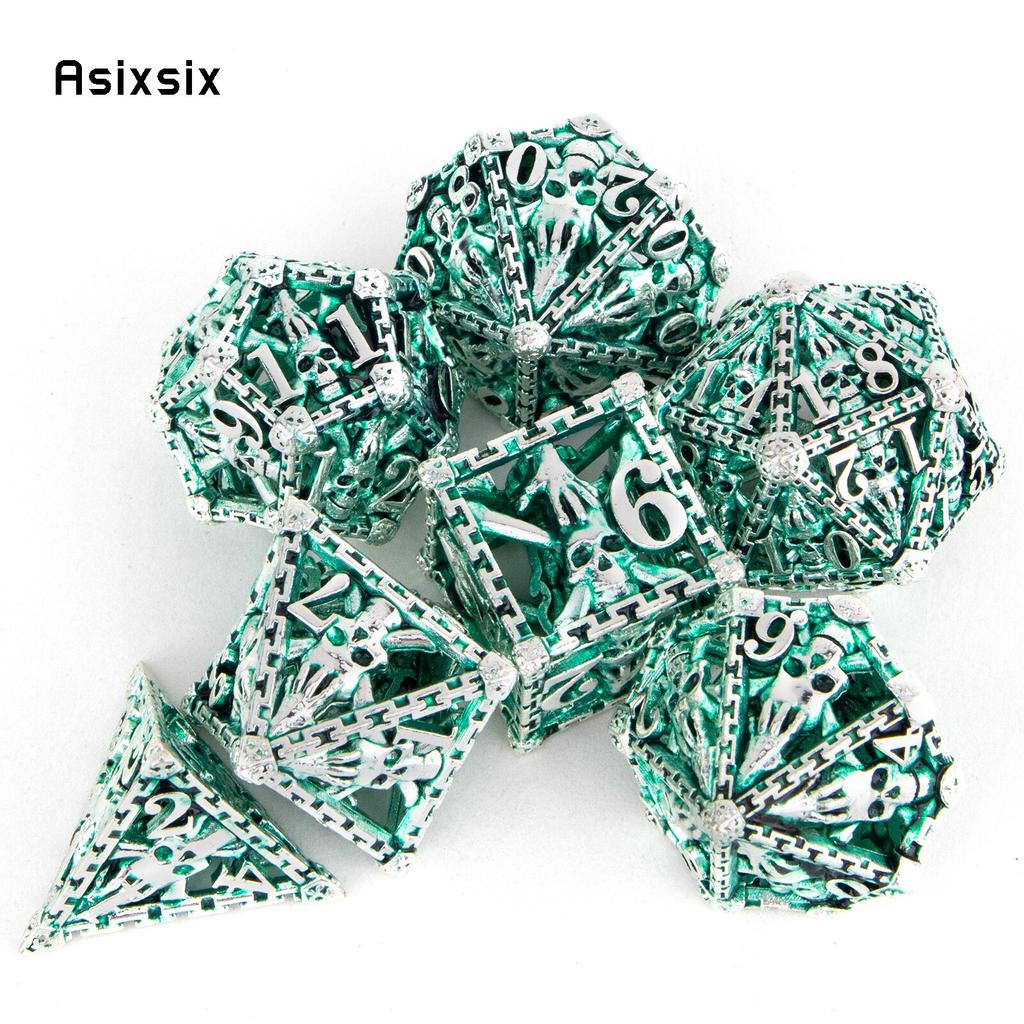7 Pcs Silver Green Hand Skull Head Metal Dice Hollow Metal Polyhedral Dice Set Suitable for Role-Playing RPG Board  Card Game