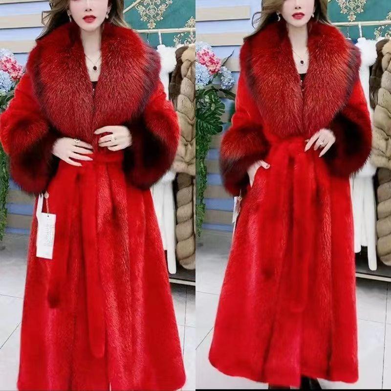 Temperament celebrity fur Maillard style leopard print long coat winter thickened warm cotton clothes imitation fox hair
