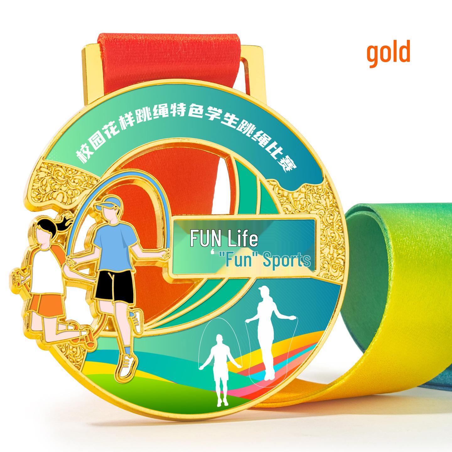 Custom Flower Jump Rope Medals for Students and Children - Gold Lanyard Medals золотой