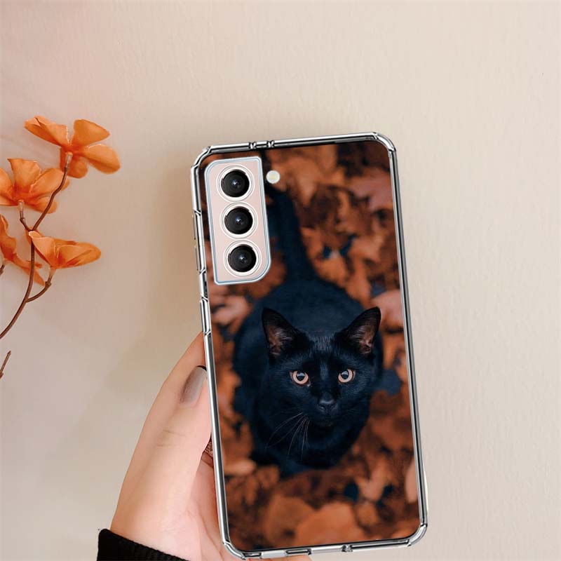 

Autumn Maple Leaf Black Cat Clear Phone Cases for Samsung S26 Ultra Galaxy S25 Edge S24 S23 FE S21 Plus S20 S22 S10 Cover Patter Samsung S22