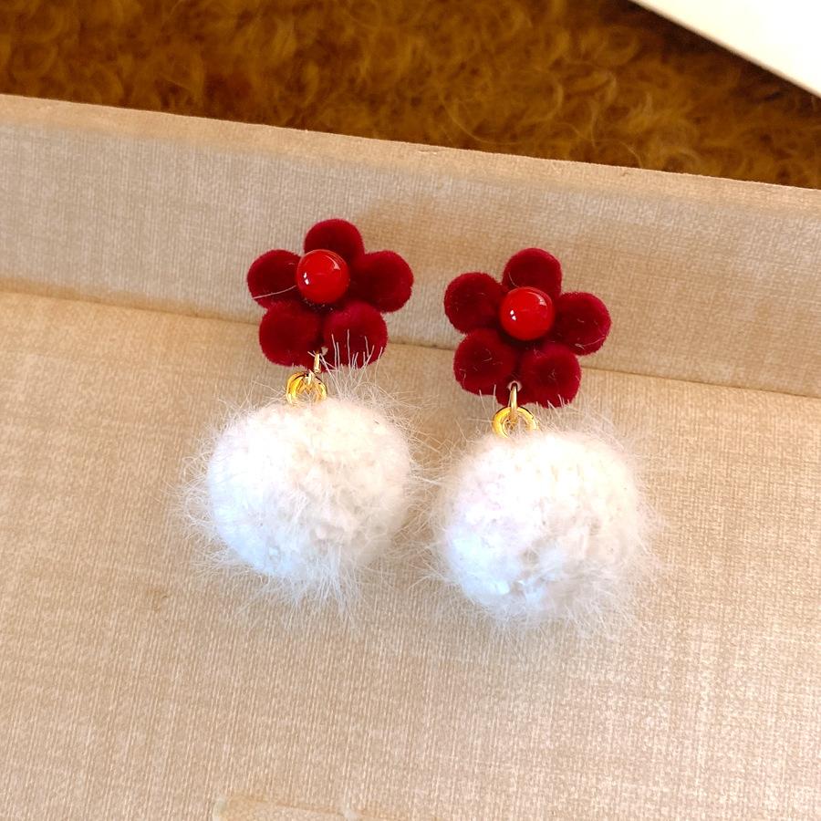 Retro autumn and winter flocking flower hairball pearl earrings stud earrings temperament earrings women