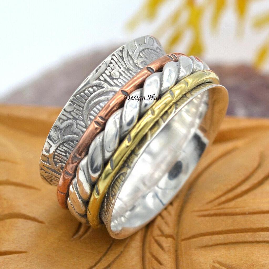 925 Sterling Silver-Spinner Ring, Solid 925 Sterling Silver Three Tone Handmade Brass and Copper Meditation Spinner Ring For Christmas Ring