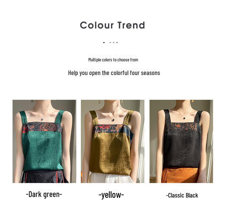 Chinese Embroidery Silk Camisole with Square Collar and Sleeveless Design