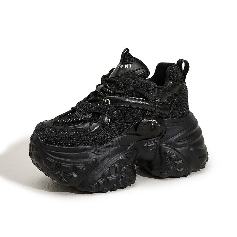 

Женские кроссовки на толстой подошве, весенние новинки, дышащие сетчатые повседневные туфли со стразами, модные универсальные женские туфли с внутренней платформой 39 чёрный