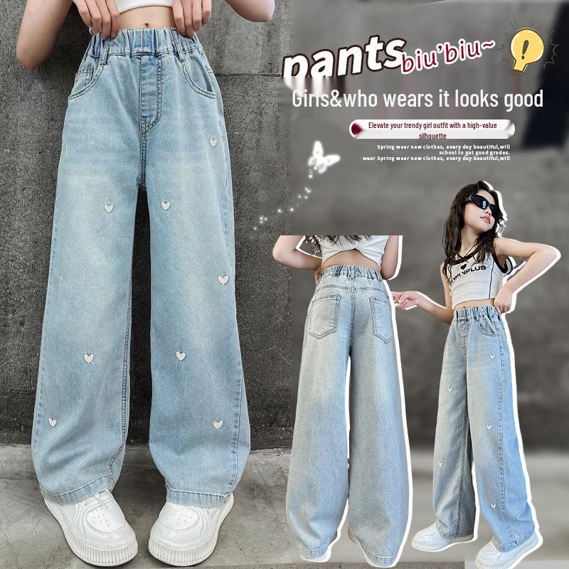 Girls' Trendy Spring 2025 Loose Wide-Leg Jeans - Casual, Straight-Leg Style for Middle and Big Kids