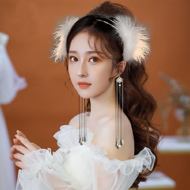 Feather Headband with Tassel White Feather Hair Hoop Headwear for Women