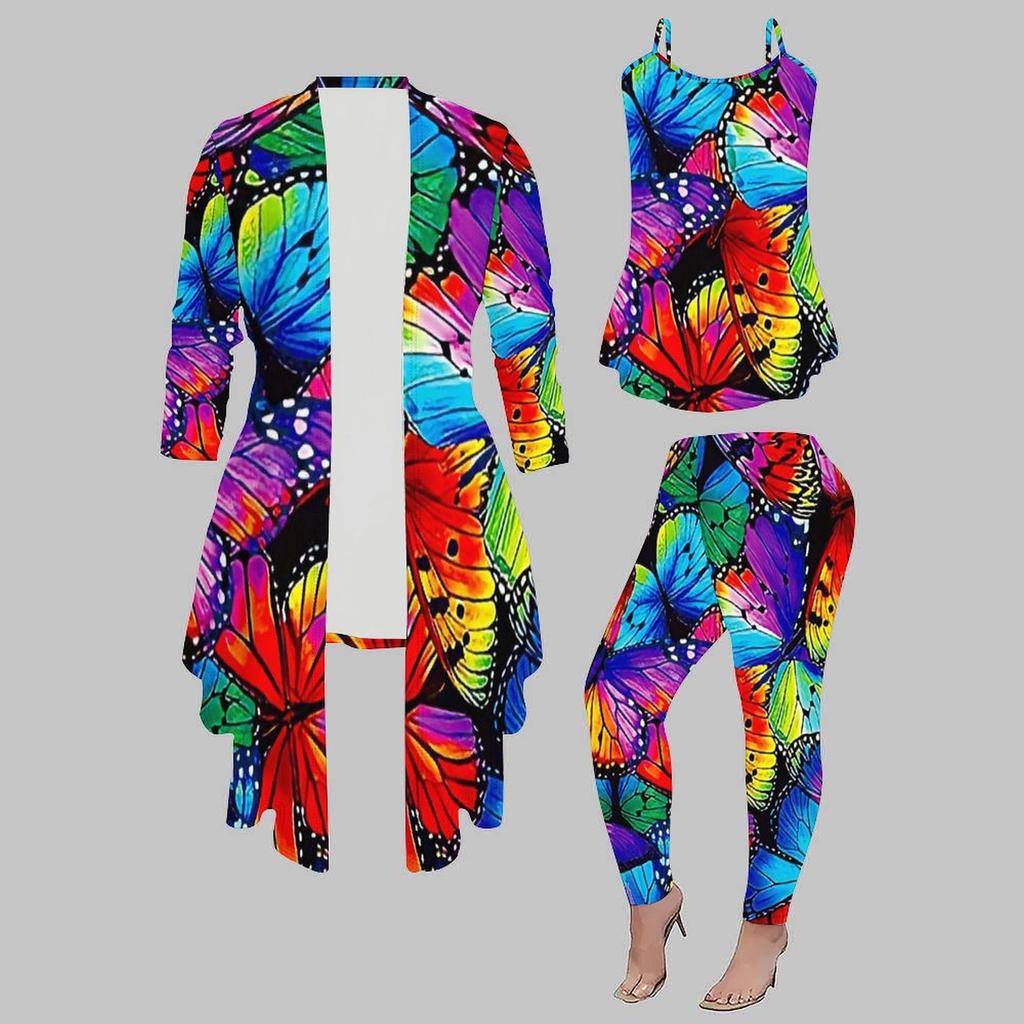 Plus Size Butterfly Print 3 Piece Outfit, Long Sleeve Open Front Cardigan Cami Top Leggings Set for Women