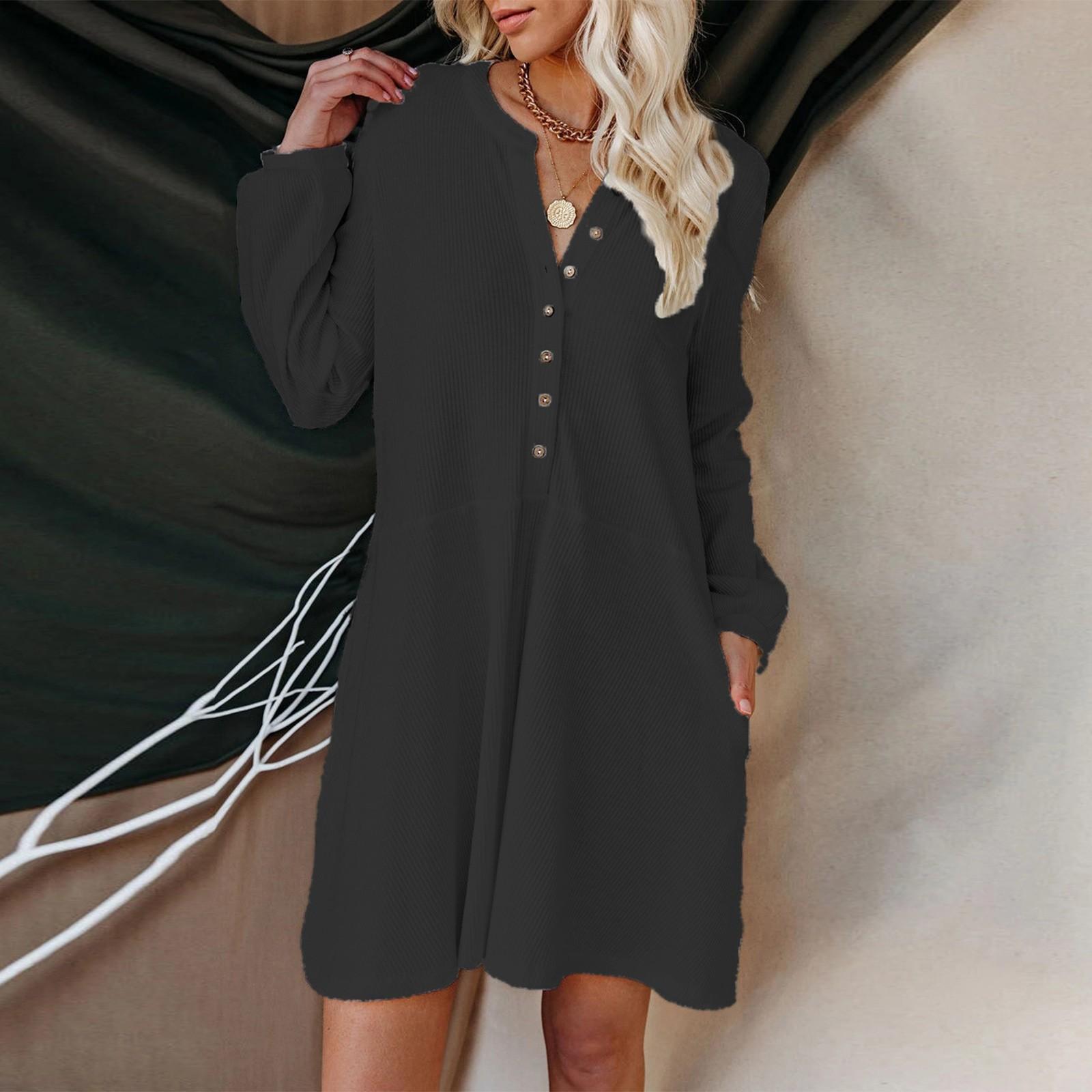 

Женское осенне-зимнее модное и повседневное однотонное платье с V-образным вырезом и длинными рукавами на пуговицах L чёрный