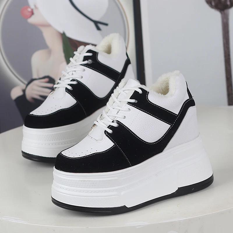 Fashion Woman Plush Warm Winter Sneakers Women High Top Cotton Sport Shoes 12CM Casual Lace Up Female Platform Shoe Zapatillas Mujer