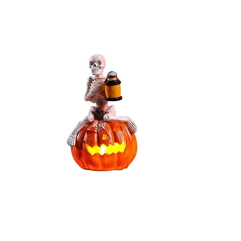 LED Light Up Pumpkin Skeleton Figurine Halloween Tabletop Decoration with Lantern for Indoor Outdoor Festival Display Prop