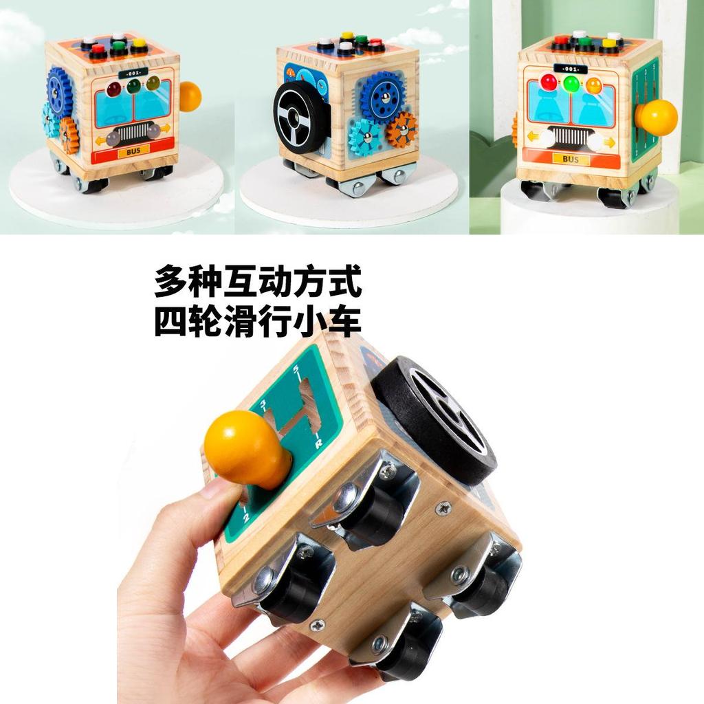 Wooden Bus Design Steering Wheel Color Buttons Children Puzzle Toys With Lights For Kids
