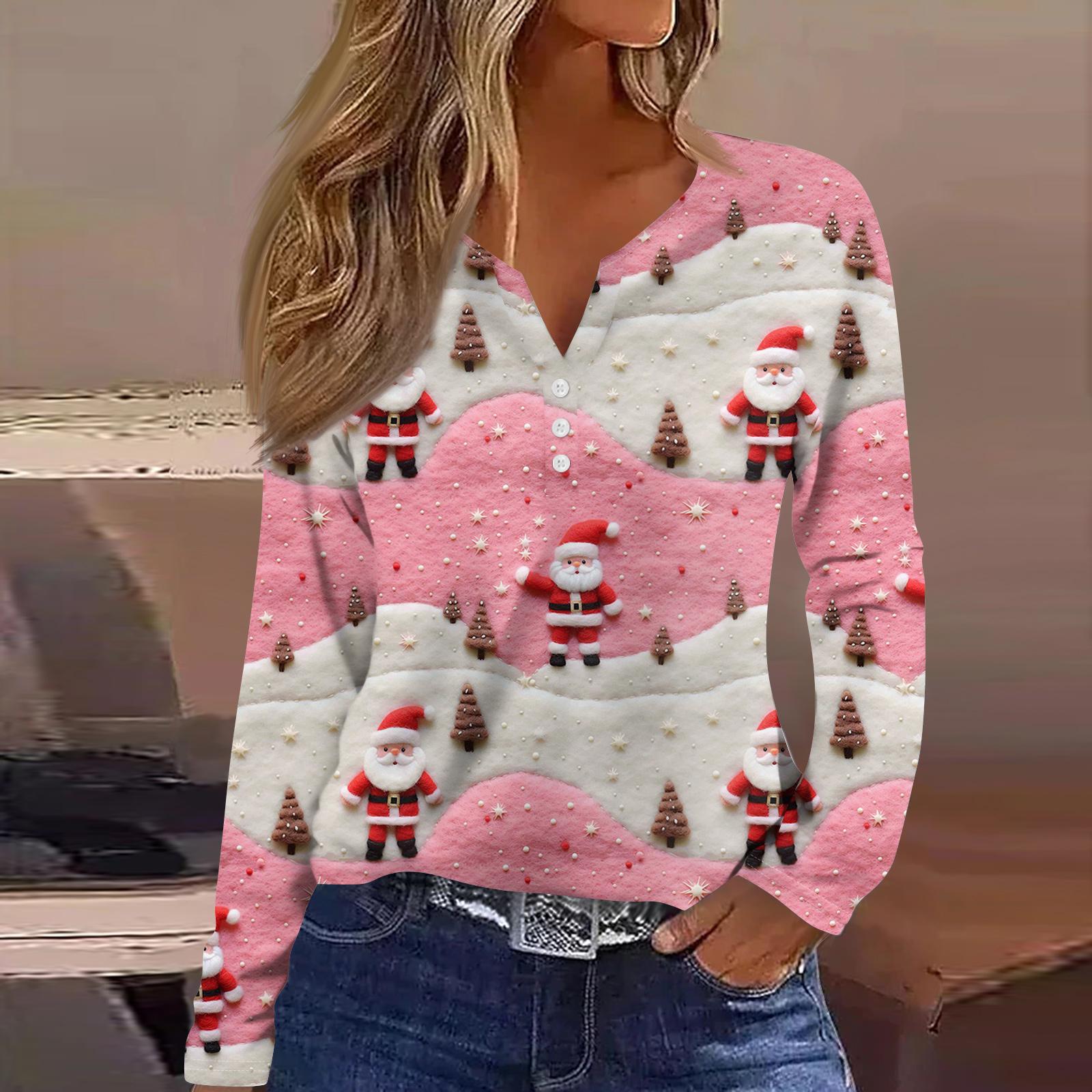 

Женская модная повседневная футболка с V-образным вырезом, на пуговицах, с длинным рукавом, с рождественским принтом M розовый