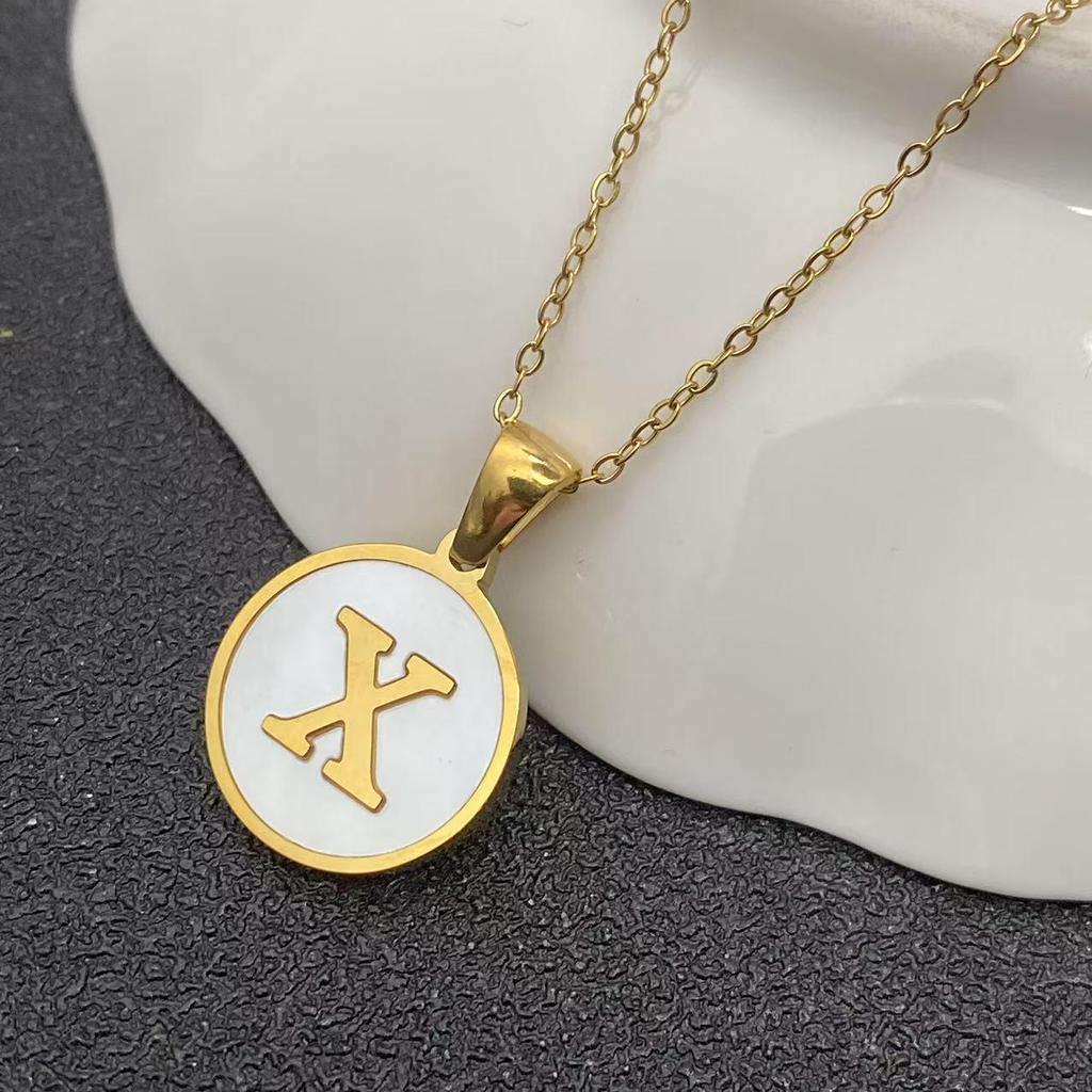 White Stainless Steel Small Round Tag Necklace - 26 Letters, Women's Cold Style Fashion, Versatile Light Luxury, 2025 Collection.