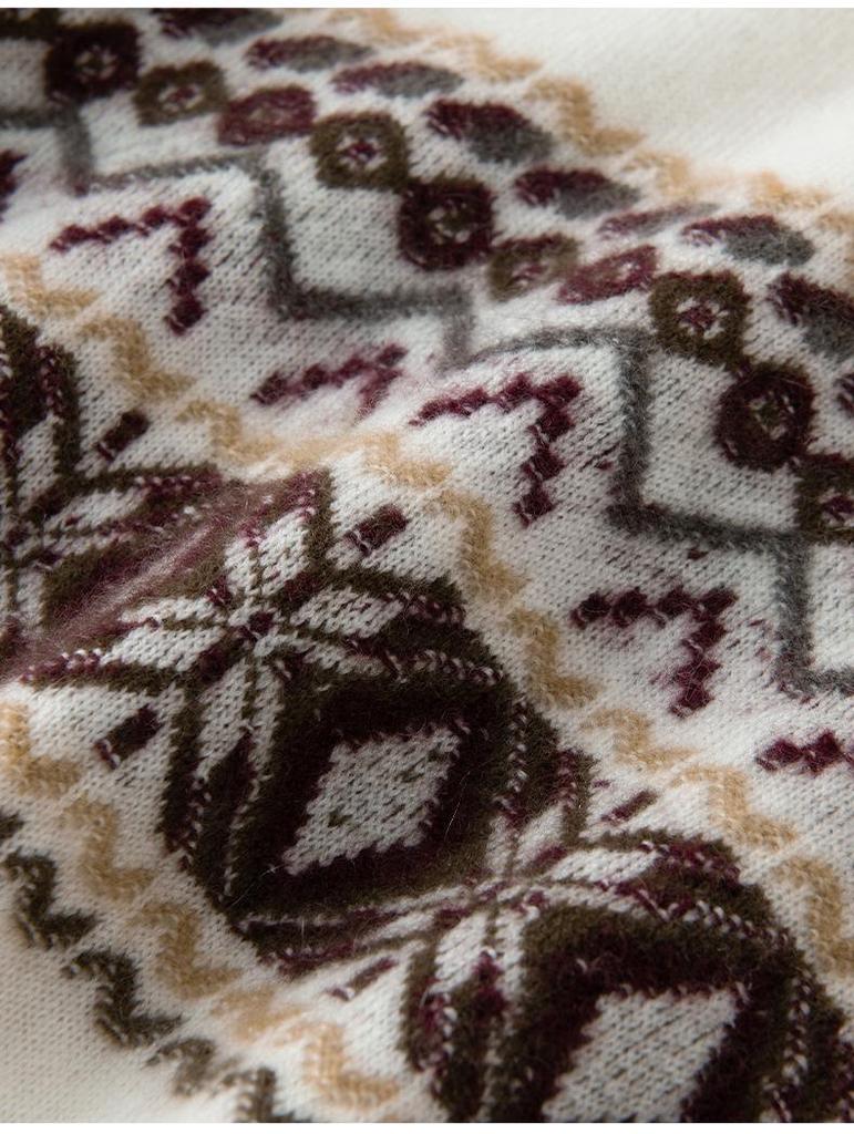 New Jacquard Cashmere Fair Isle Color Block Pullover with Five-Point Sleeves - Perfect for Autumn and Winter