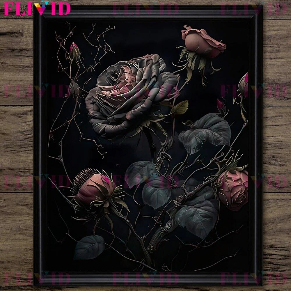 Dark Forest Mushroom And Vintage Pink Roses Vintage Wall Art Print Dark Botanical Witchcraft Gothic Art Poster Print Decoration No Frame