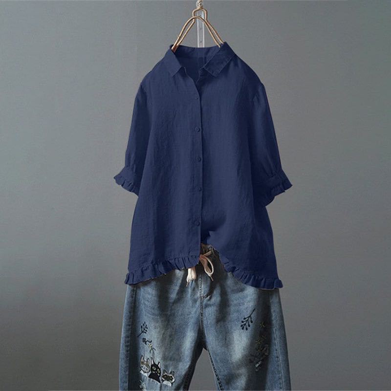 Camicetta da donna estiva casual a maniche corte monopetto con volant, tinta unita, semplice, con colletto a revers, bottoni