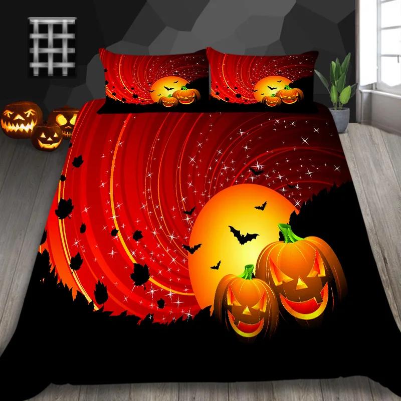 Halloween Pumpkin King Queen Duvet Cover Cartoon Black Cat Bedding Set Kids Girls Orange Pumpkin Lantern Polyester Quilt Cover