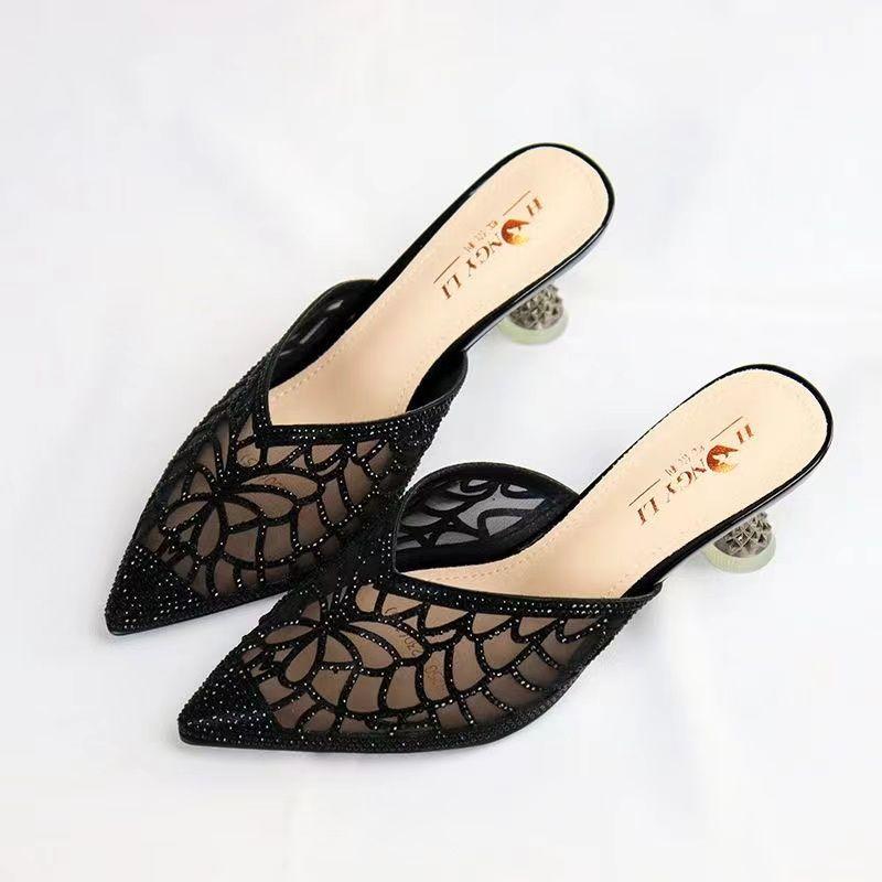 Fashion FHC 2024 New Microfiber Leather Rhinestone Hollow Out Slides,Women Slippers,Summer Shoes,Close Pointed Toe,Slip On,Gold,Dropship