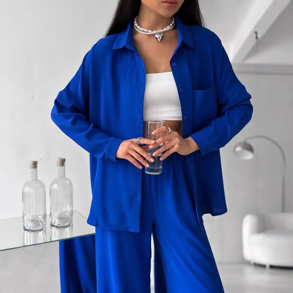 Women's 2-piece Solid Color Cardigan With Pocket Fashion Casual Wide Leg Pants Set European American Trendy Outfit