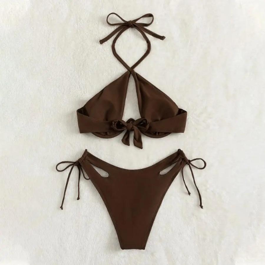 Dámske plavky Štýlové dámske letné bikiny s ohlávkovou podprsenkou Vysoký pás Šnurovacie nohavičky Rýchloschnúce plavky na pláž