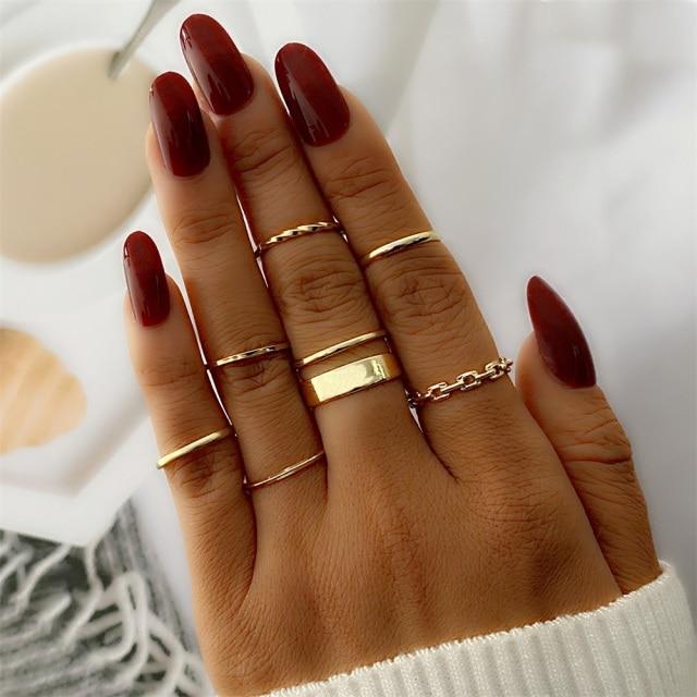 Sada prstenů s českým zlatým řetízkem pro ženy Fashion Boho Coin Snake Moon Rings Dárkové šperky Party Trend