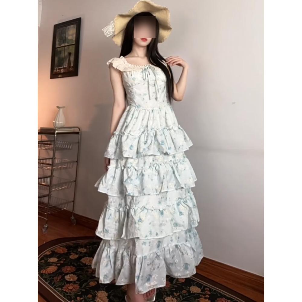 Sweet and Gentle Little Fly Sleeves Pink Floral Dress Female Summer Fugitive Princess Cake Dress Waist Fluffy Suspender Dress
