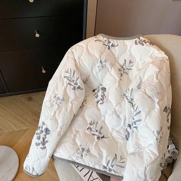 Manšestrové okraje Polstrovaný bavlněný zimní kabát pro ženy Estetický květinový potisk Elegantní bomber bunda Korejská móda Streetwear