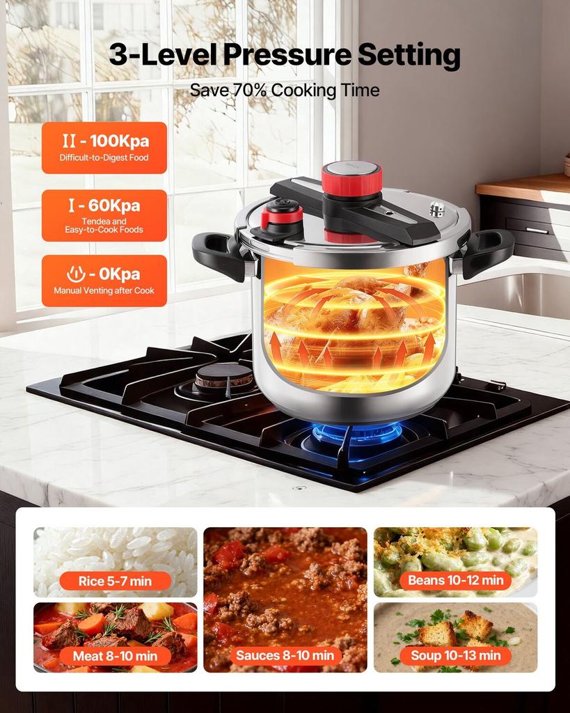 Pressure Cooker, 11.3L Pressure Cooker Stainless Steel, Pressures Canner with Steaming Rack, Tempered Glass Lid, Three Pressures Settings for Meat,