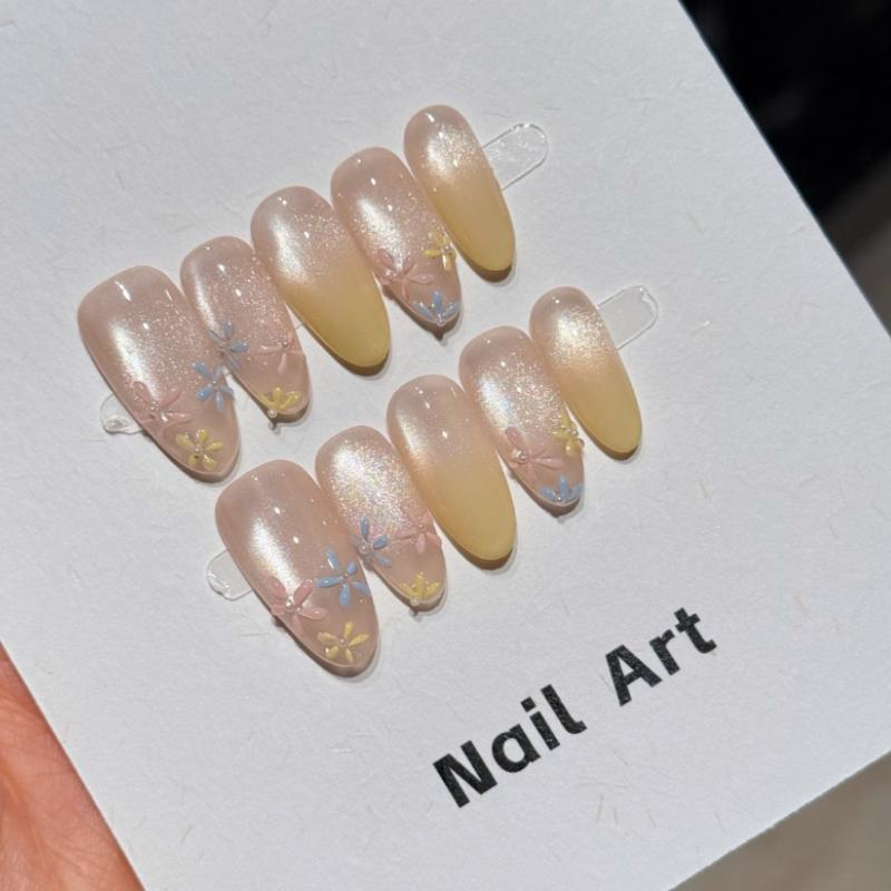 10Pcs Nude Yellow Gradient Press on Nails - 3D Flower & Cat Eye Almond Fake Nails XS