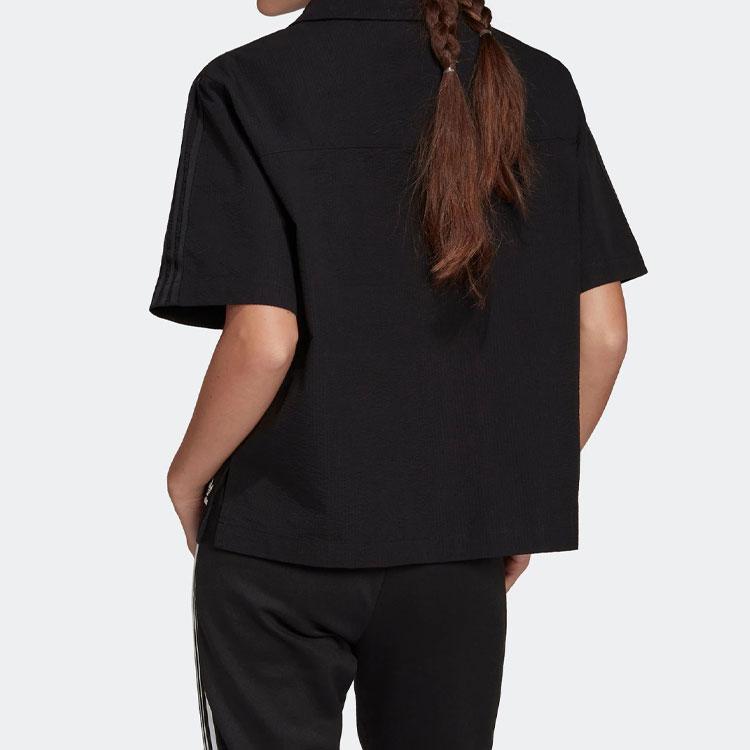 adidas Originals Trefoil Solid Stripe Single-Breasted Short Sleeve Shirt Women Tops Black HC2055