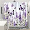 1Pc Lavender Flowers And Purple Butterfly Watercolor Style Shower Curtain, Polyester Fabric, Suitable For Bathroom