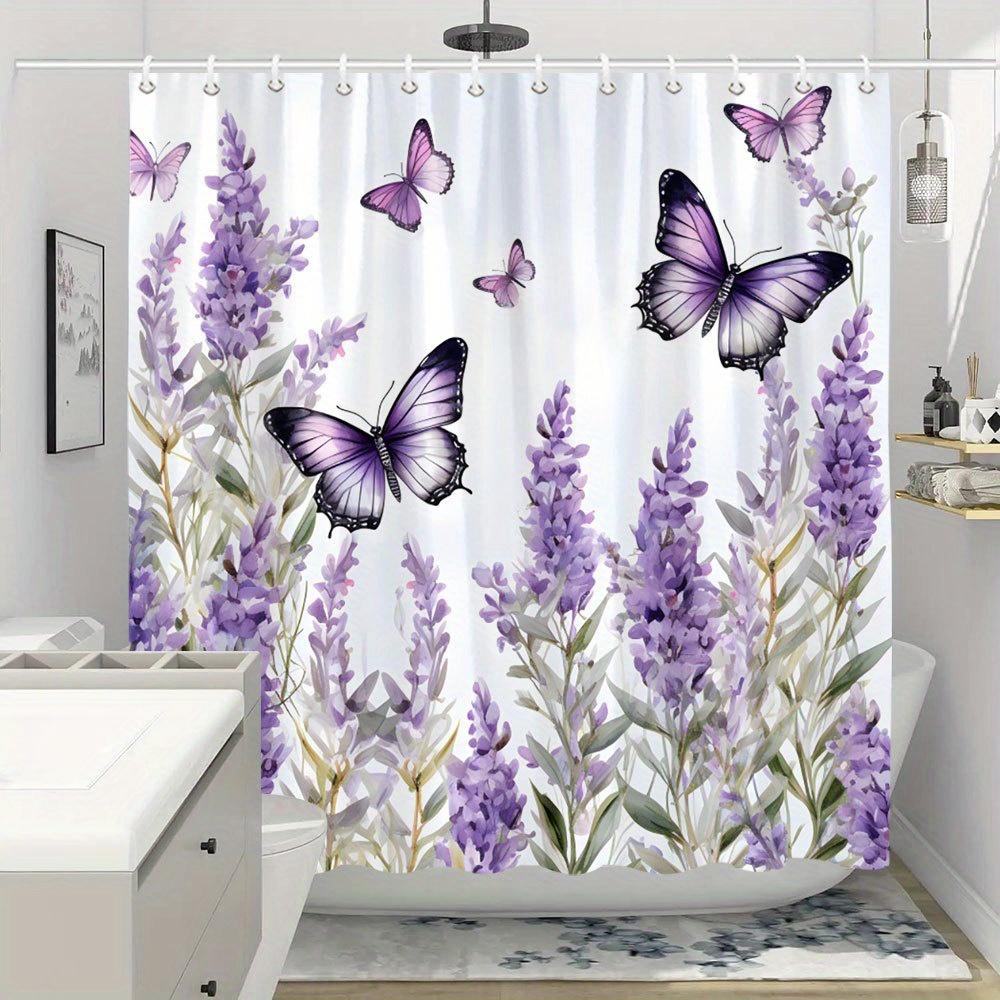 1Pc Lavender Flowers And Purple Butterfly Watercolor Style Shower Curtain, Polyester Fabric, Suitable For Bathroom