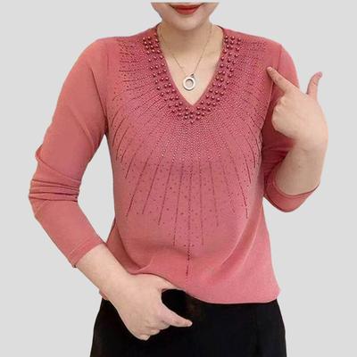 Women's Thin V-neck Mesh Stretch T-shirt Shiny Rhinestone Beads Long-sleeve Slim-fit Blouse Soft Skin-friendly Pullover T-shirt