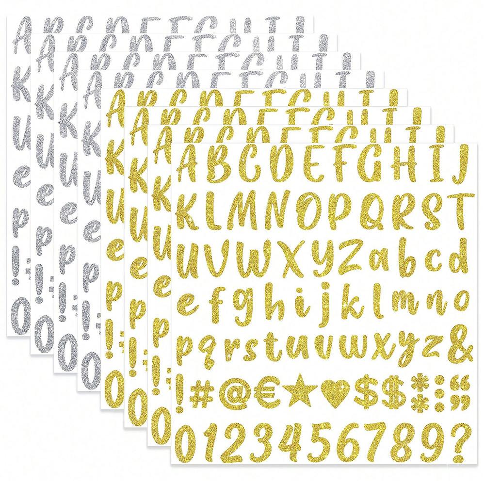 8Sheets Glitter Letter Stickers Self-Adhesive Glitter Alphabet Number Labels Stickers for Scrapbook Water Bottles Crafts Decor