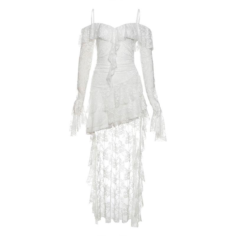

# Sisjuly# Romantic French Style Silm Lace Sling off-Shoulder Asymmetrical Hem Elegant Dress Women White S