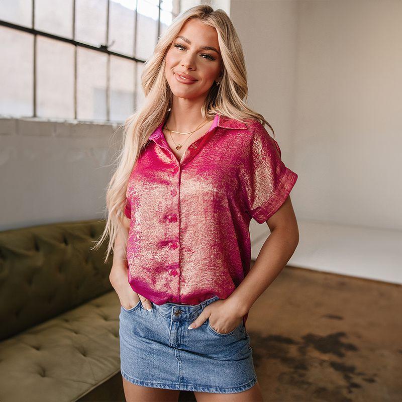 

American Shiying Summer New Arrival Bronzing Single-Breasted Short Sleeve Tops Women s 2025 Fashion Loose Lapels Shirt Rose Red M code fits (55.00 kg-62.50 kg