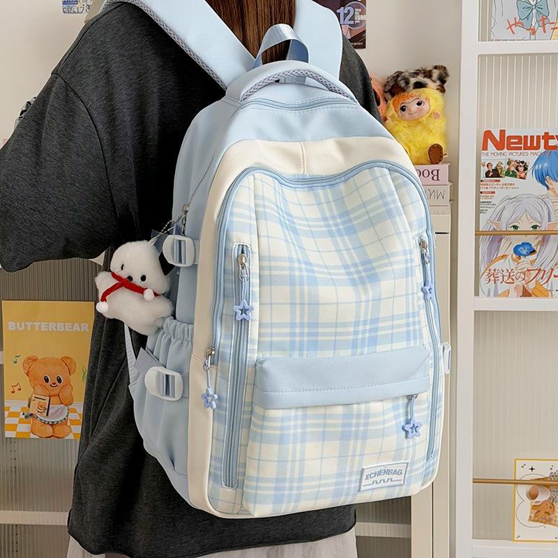 Schoolbag1011 New Plaid Backpack, Student Schoolbag, Women's Large-capacity, Lightweight and Simple, Junior High School Student Shoulder Make-up Bag