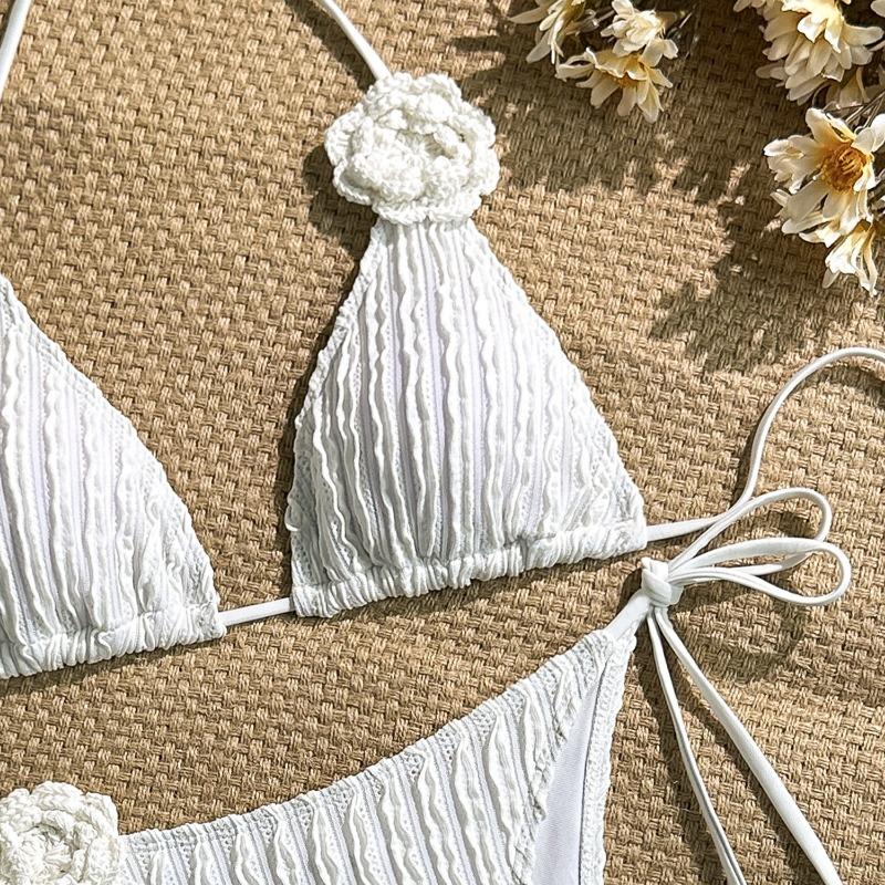 Women Fashion Sexy Lace Up 3d Stereo Flower Two Piece Bikini Swimsuit